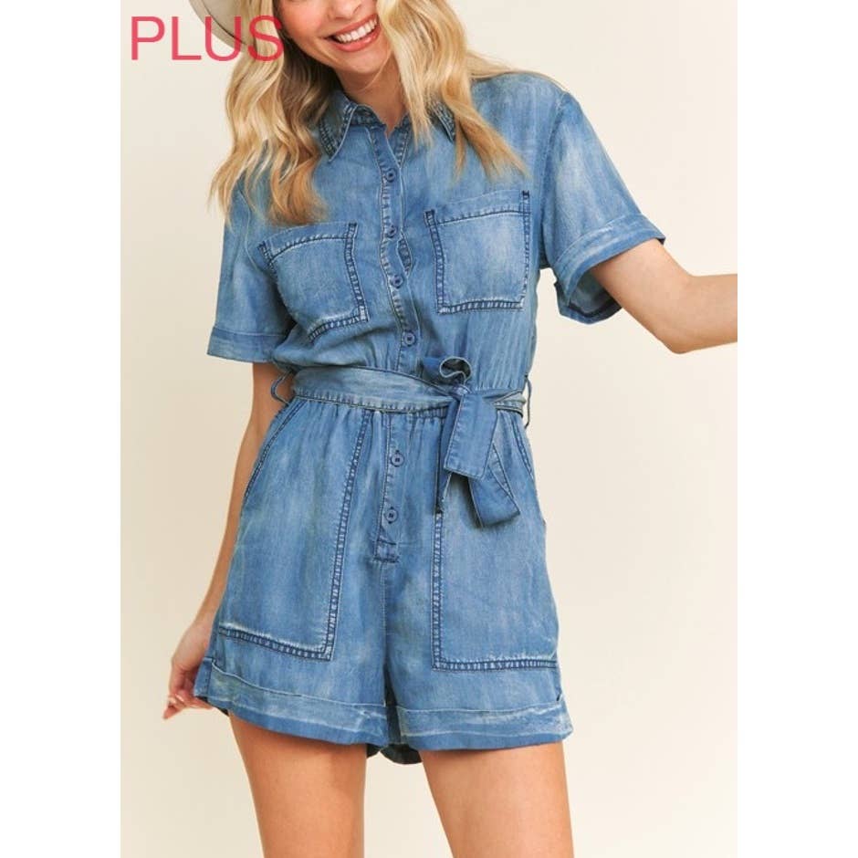 M.DENIM 9377X Plus Size Vasket Tencel Denim Krave Knap-Op Romper for engroshandel på Faire12