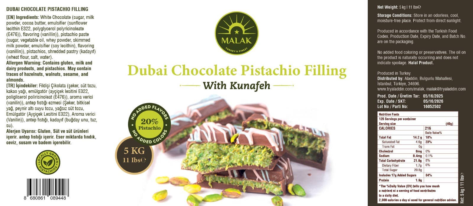 Aladdin - Wholesale Baking Chocolate - Malak Dubai Chocolate Pistachio Kunafeh 20% Turkish Halal3