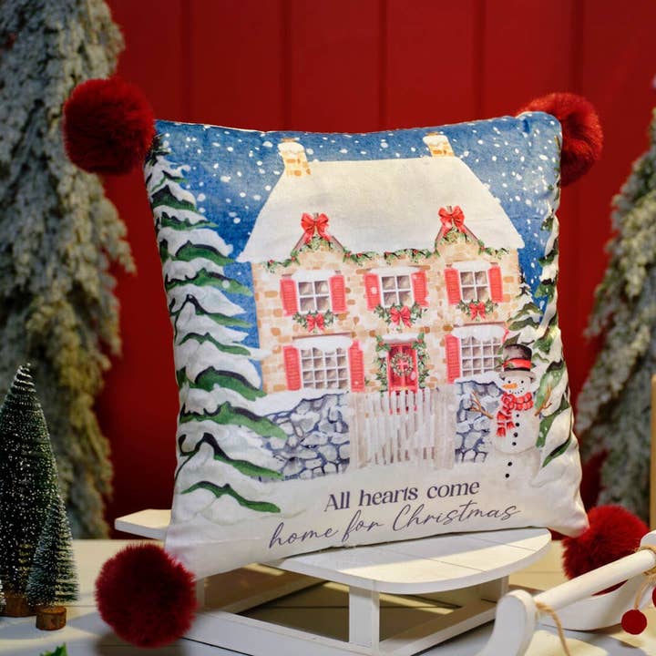 Kersthuisje Alle Harten Komen Thuis Velours Kussen Met Pompons en Rits voor wholesale door Langs
