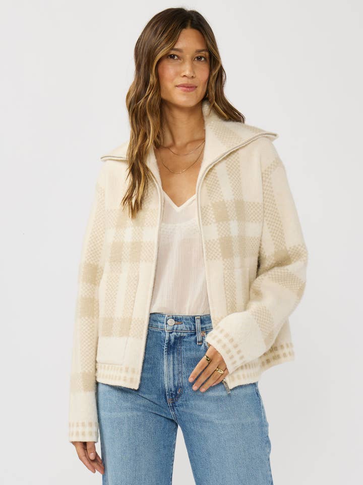 Plaid Knit Zip-Up Bomber Jacket for wholesale by Lovestitch