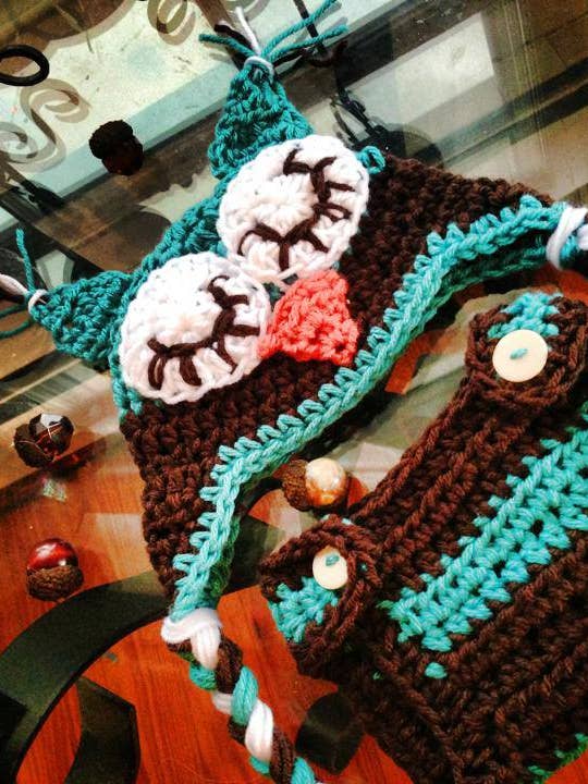 Sleepy Owl Crochet Hat and Diaper Cover Set for wholesale by Mad Hatter Farm