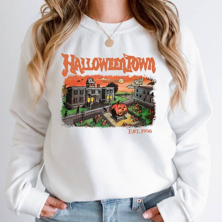 White Halloweentown Sweatshirt, Halloween Graphic Sweater for wholesale on Faire