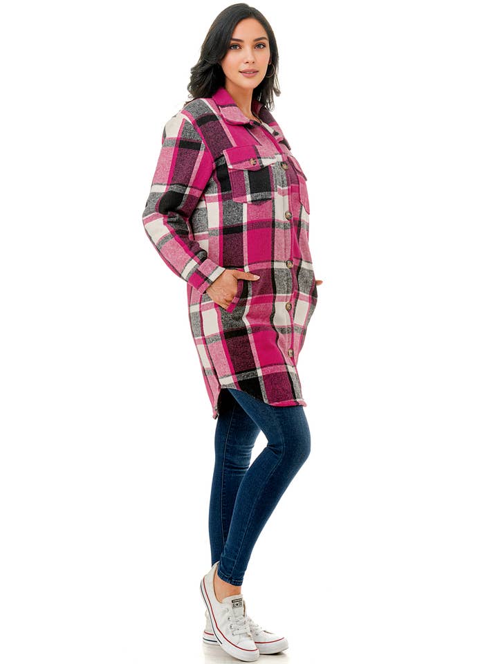 Color 5 - Vendita all'ingrosso Giacca a camicia - Donna - Giacca lunga in flanella scozzese rosa bianca con tasche2