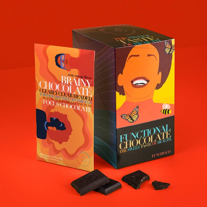 The Functional Chocolate Company – Suplemento/vitamina oral por atacado – Brainy Chocolate - Fórmula Focus - Laranja picante3