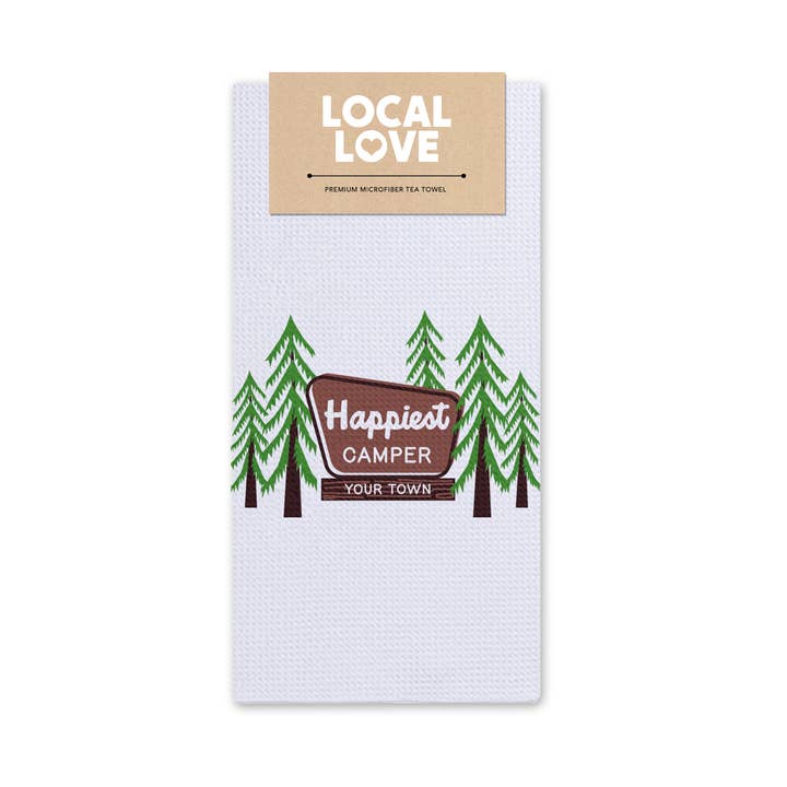 Name Drop City Tea Towel - Happiest Camper for wholesale by Rock Scissor Paper