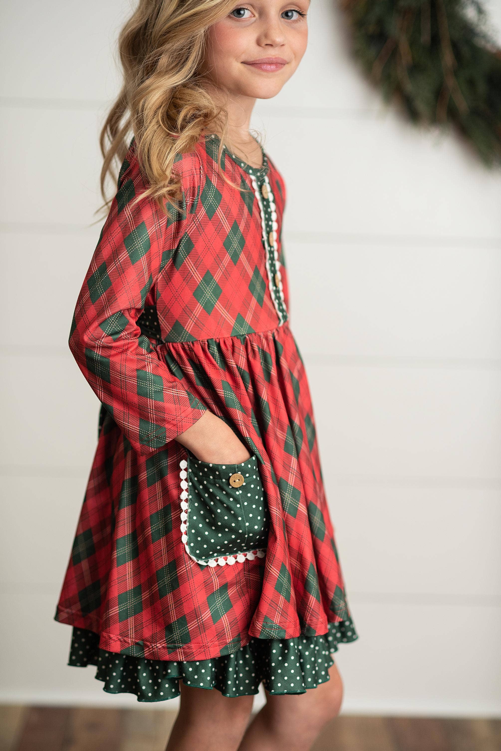 Adorable Sweetness - Wholesale Dress - Kids - Kids Red Green Plaid Ruffle Button Holiday Christmas Dress1