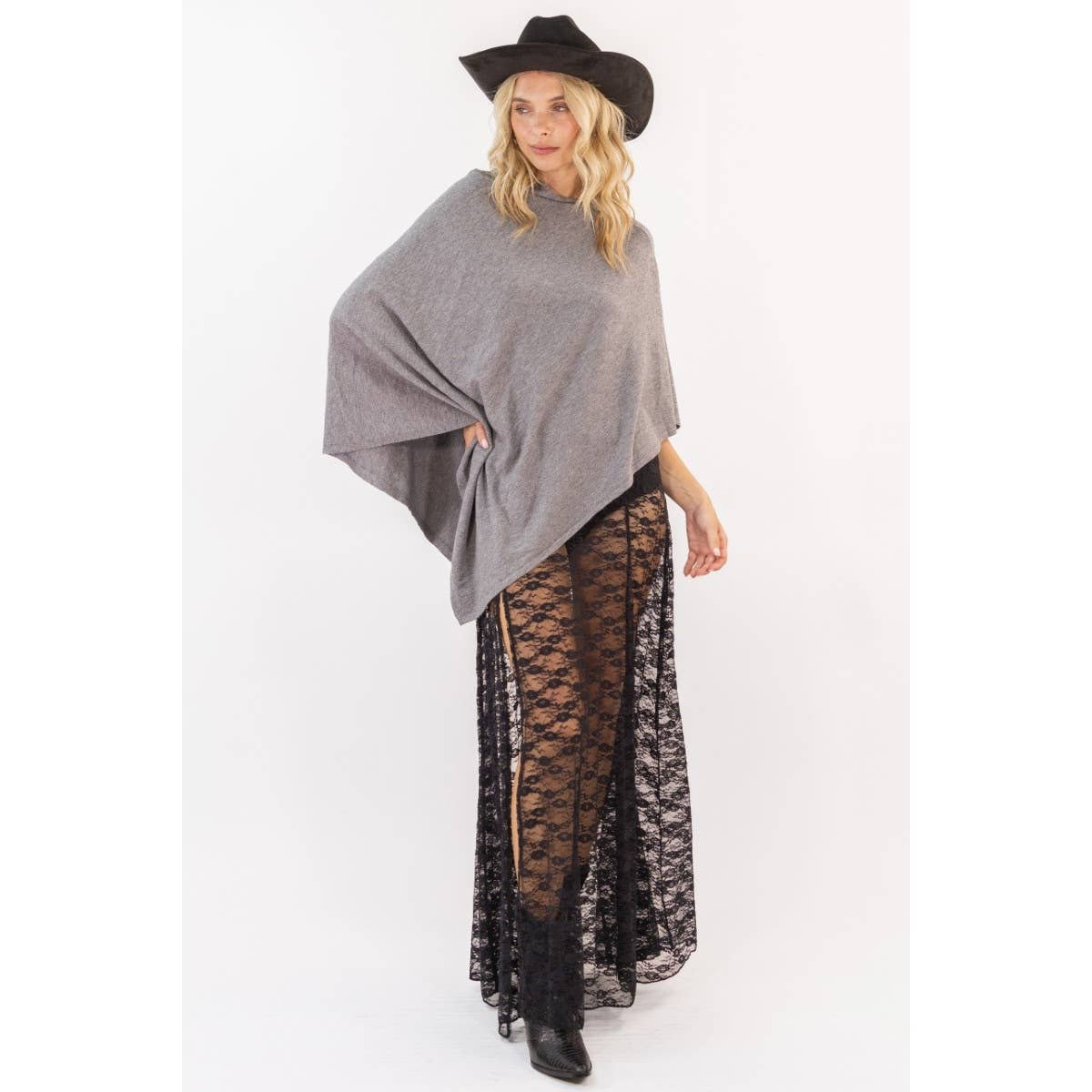 Grey TRIANGLE FUNNEL NECK SWEATER PONCHO_78T2877 for wholesale on Faire3