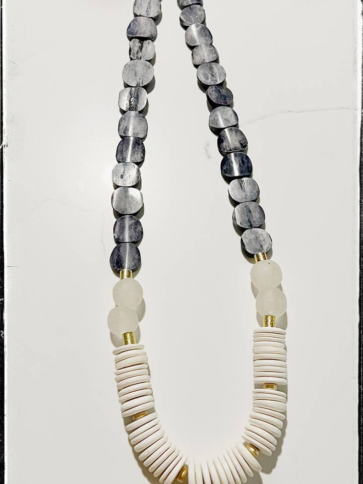 Gray African Bone Flat Bead Long Statement Necklace for wholesale by GentrybyJenna
