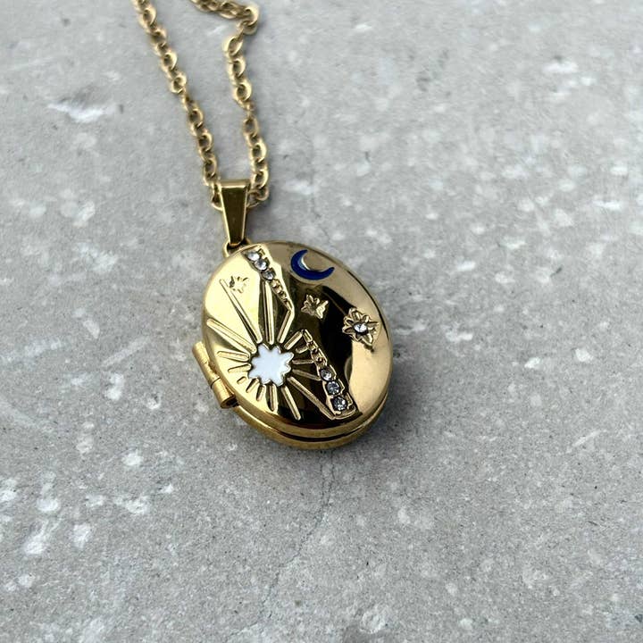 Tarnish Resistant Celestial Locket Necklace With Blue Moon for wholesale by Flax Barn