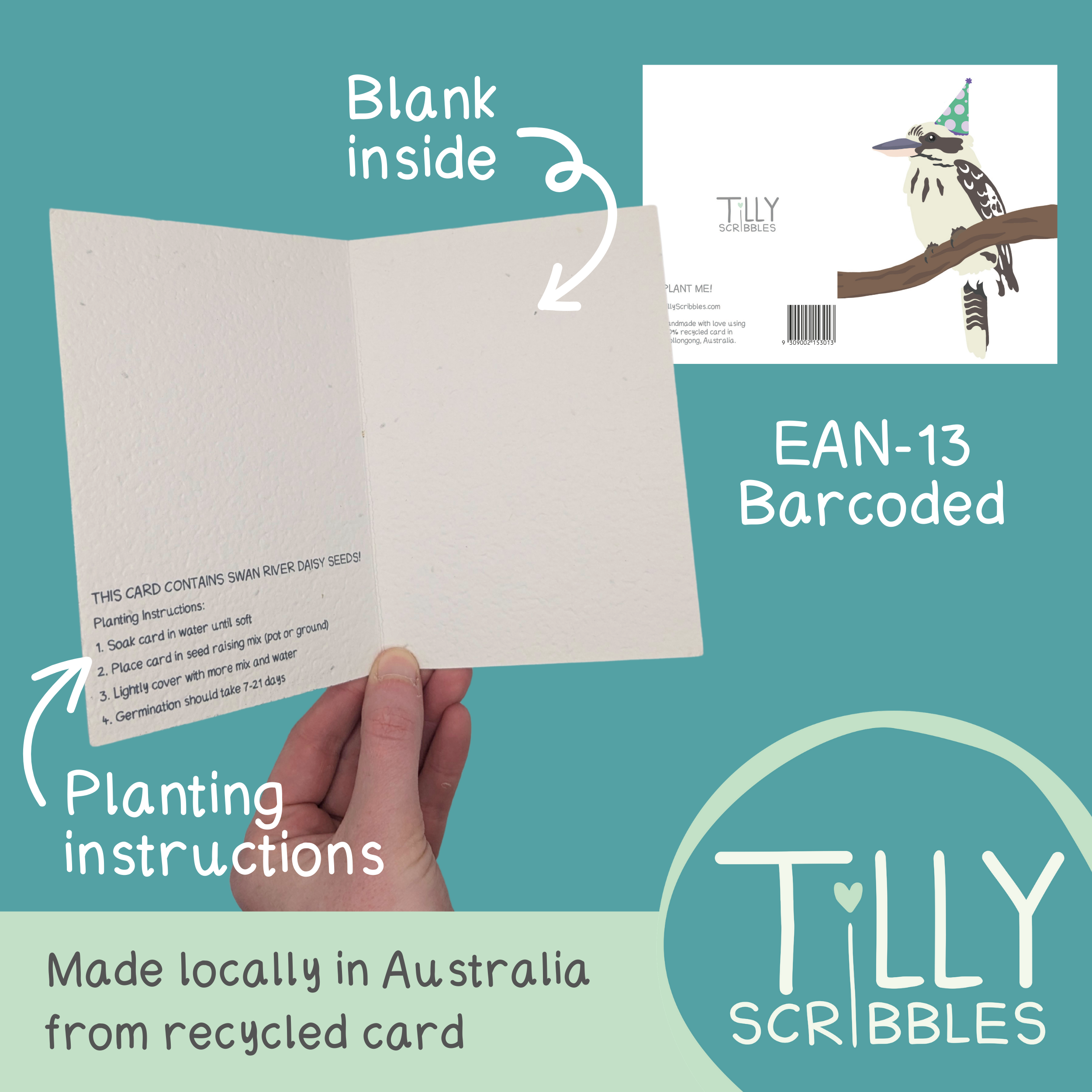 Tilly Scribbles - Wholesale Birthday card - Plantable Kookaburra Card1