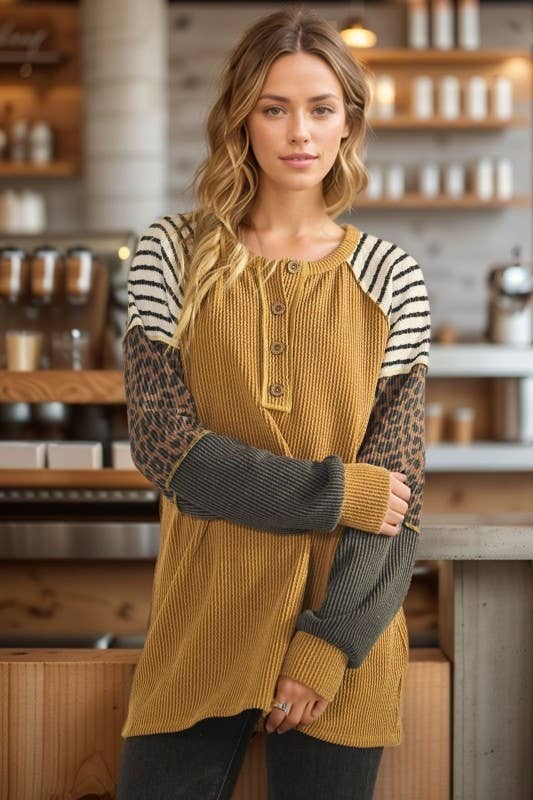 HEIMISH - Wholesale Tunic - Women's - ET7989-10 LONG SLEEVE SOLID AND PRINT URBAN RIB CONTRAST TOP3