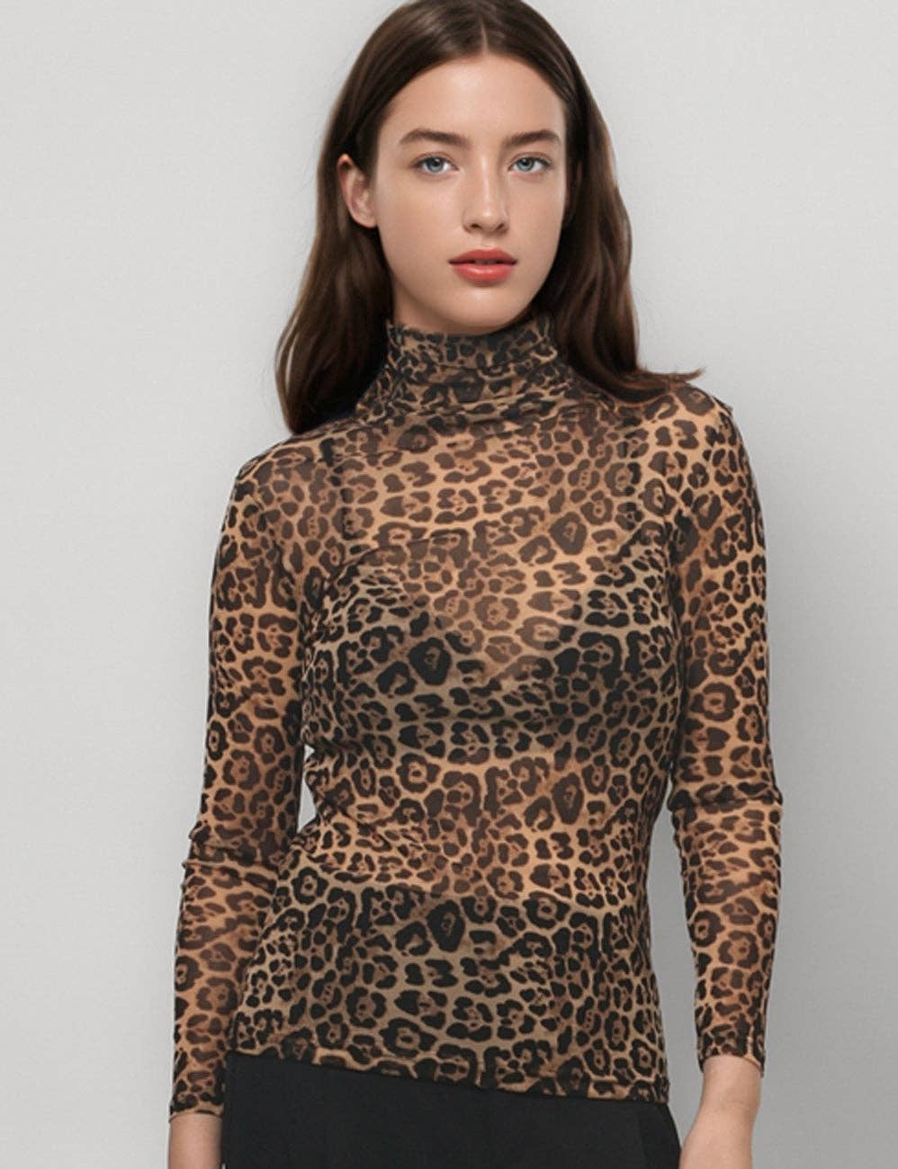 Dipped Shop - Wholesale Blouse - Women's - Leopard Print HIgh Collar Slim Fit Sexy Mesh Top DPT47960