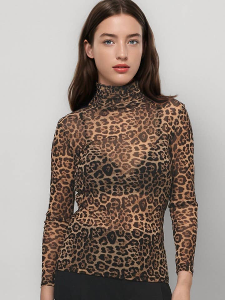 Dipped Shop - Wholesale Blouse - Women's - Leopard Print HIgh Collar Slim Fit Sexy Mesh Top DPT4796