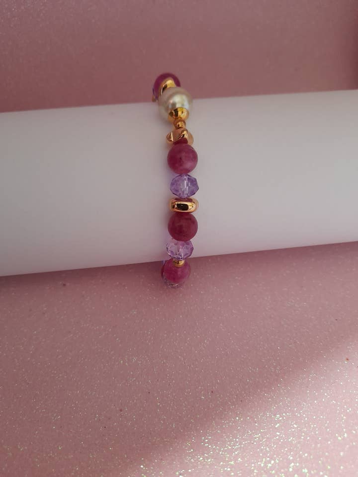 Pink Agate and Amethyst Crystal Bracelet for wholesale by Luz das Pedras Naturais