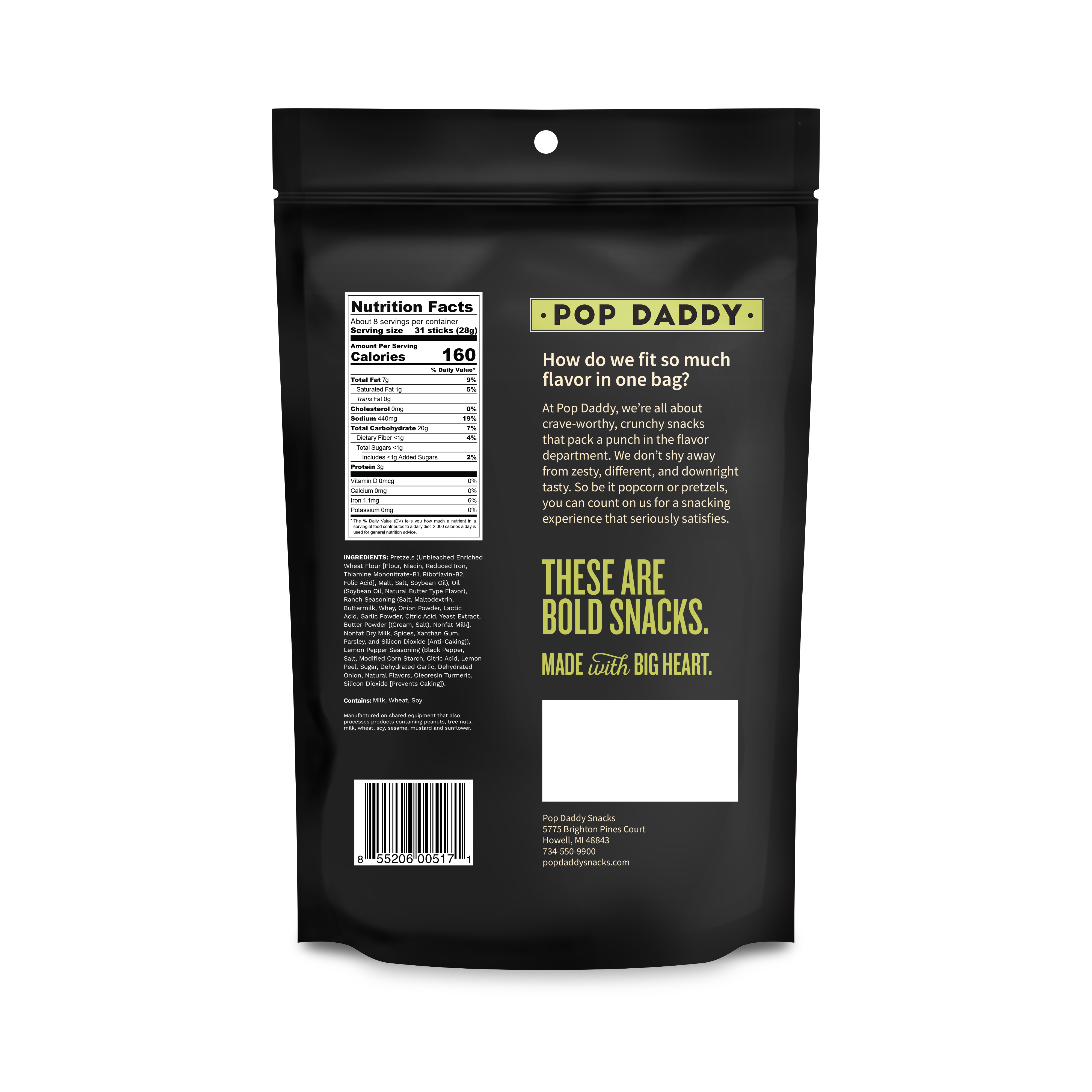 Pop Daddy Snacks - Vente Bretzels - Pop Daddy — Bretzels assaisonnés ranch aux grains de poivre 7,5 oz1