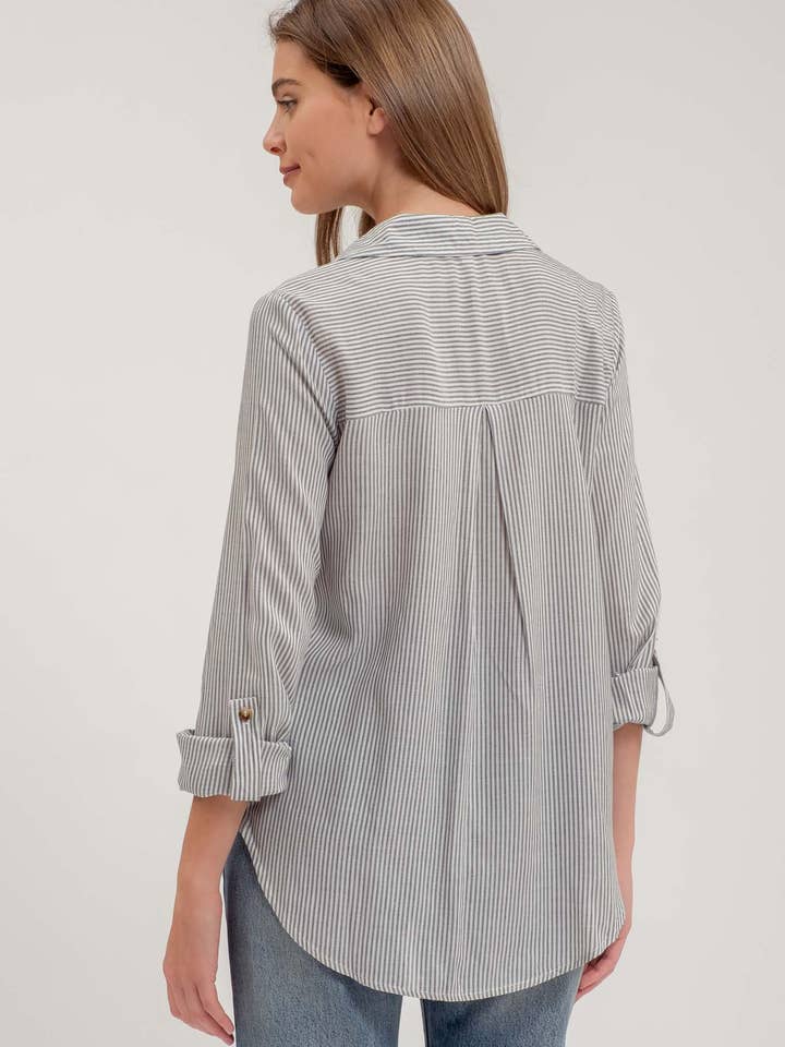 Blu Pepper - Wholesale Blouse - Women's - STRIPED COLLARED BUTTON DOWN WITH POCKETS