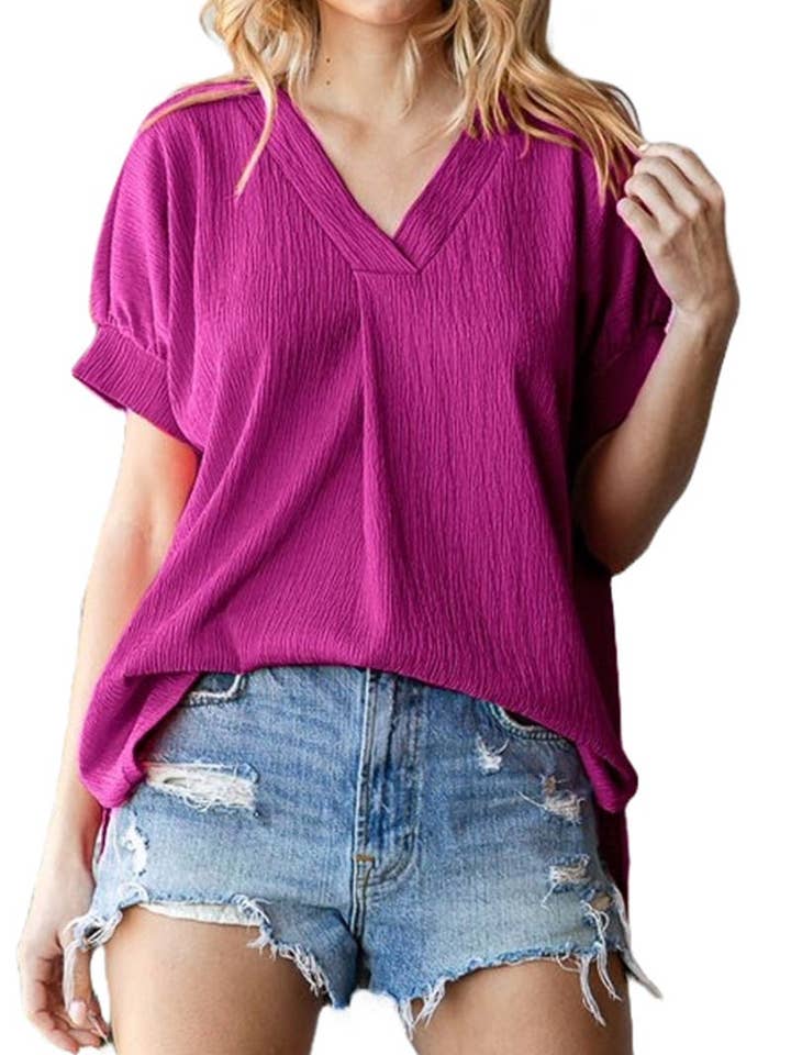 Solid Textured V Neck Short Sleeve Top for wholesale by Vanilla Monkey