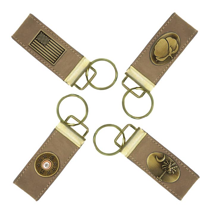 Leather Loop Key Fob. Crazyhorse Full Grain Leather With Antique Brass Logo. American Flag, Shotshell, SC Palmetto, Cotton Boll for wholesale by Zep-Pro