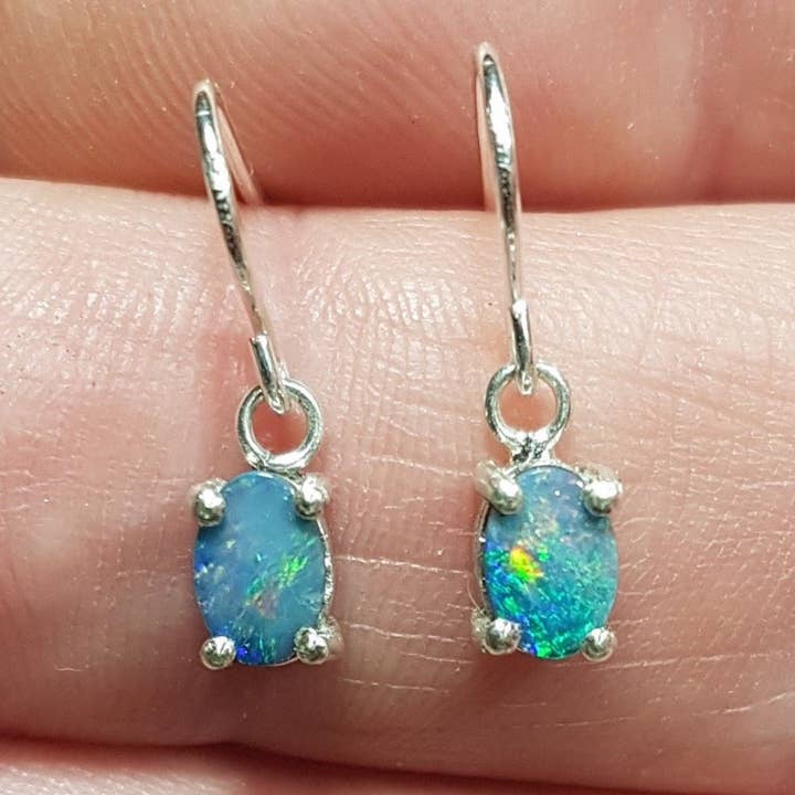 Australian Opal Doublet Drop Earrings, Dainty for wholesale by OlliesOpals