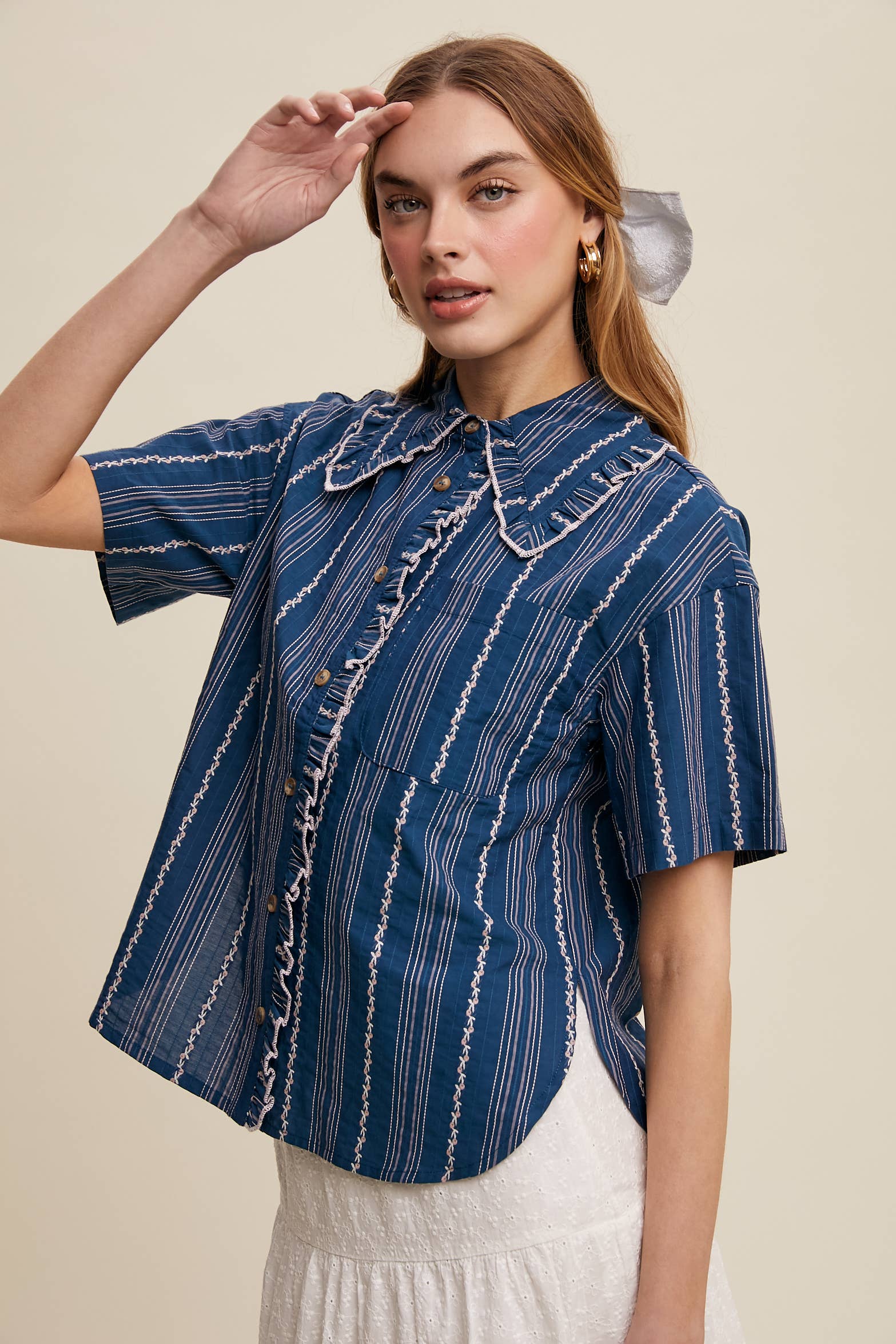 Listicle - Wholesale Button Down Shirt - Women's - Striped Embroidered Button-Down Blouse28