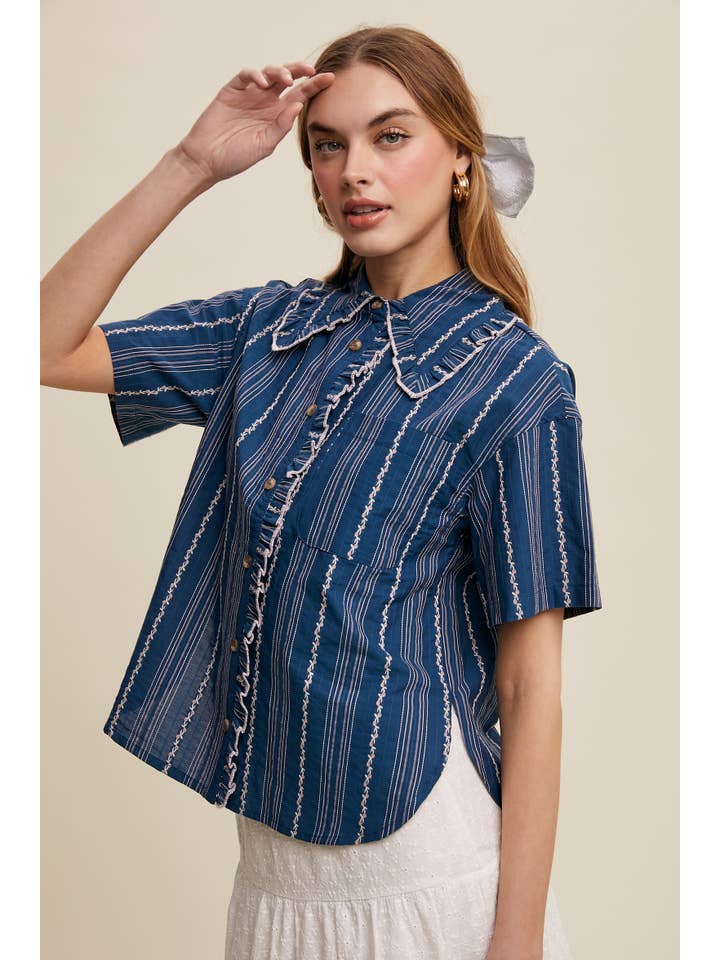 Listicle - Wholesale Button Down Shirt - Women's - Striped Embroidered Button-Down Blouse28