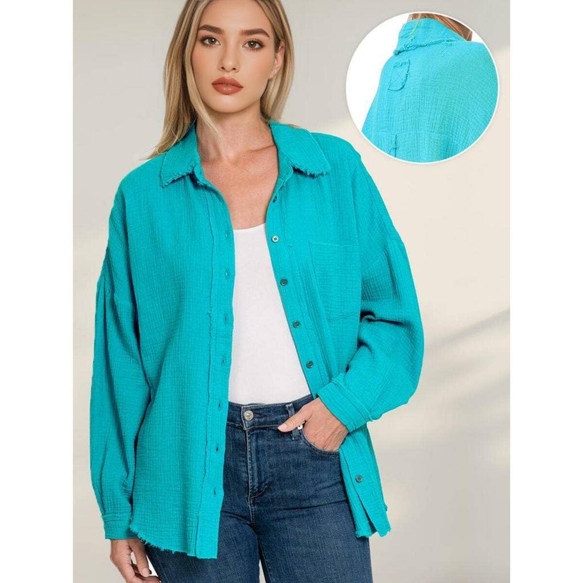 42POPS - Wholesale Button Down Shirt - Women's - `.Oversized Raw Edge Shirt W/ Back Patch17