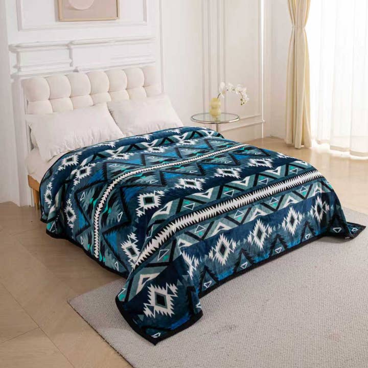Navy Blue Southwest Aztec King Size Super Plush Blanket for wholesale by Sunshine Home Textile
