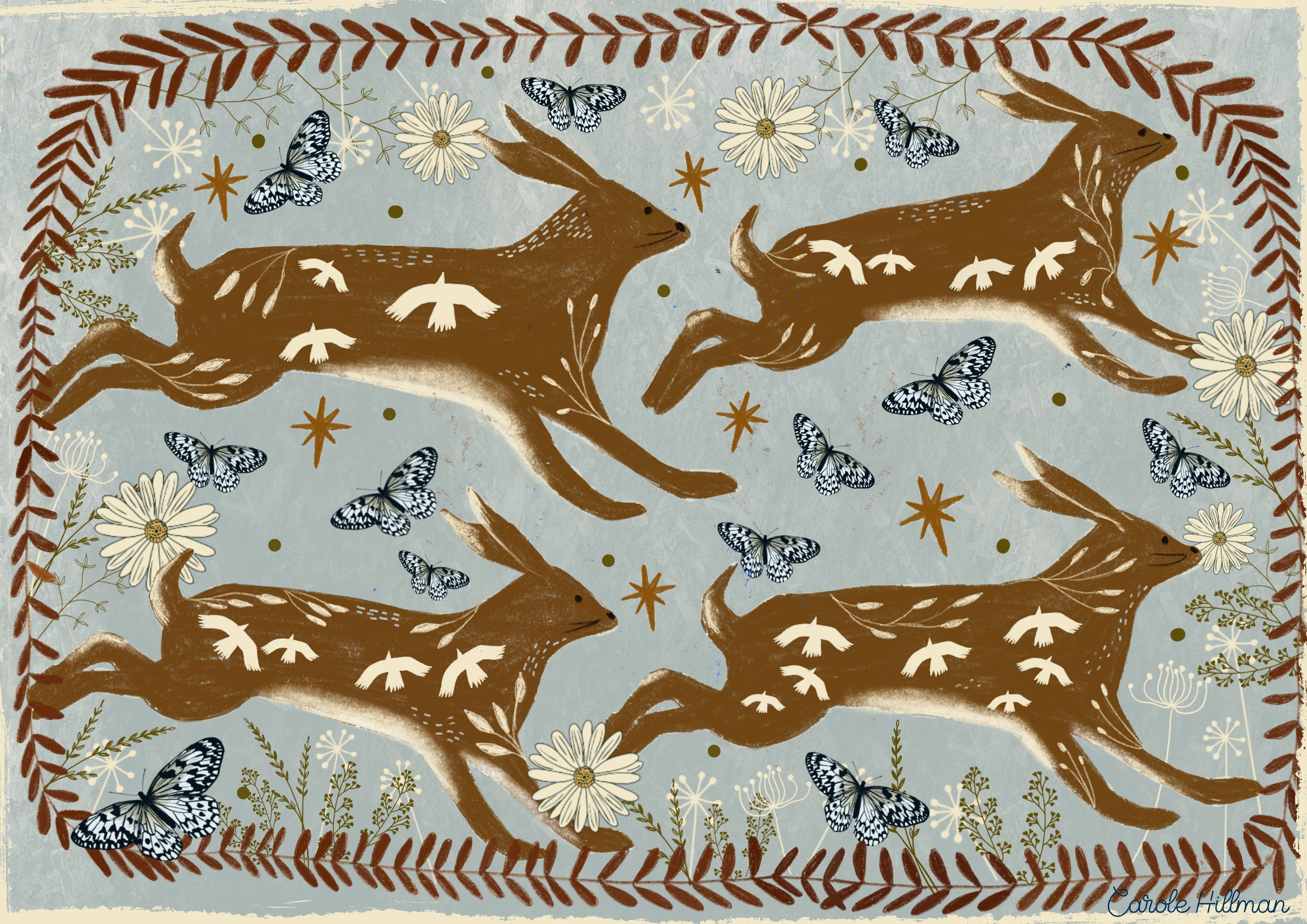 Carole Hillman - Wholesale Art Print - Hares in spring print1