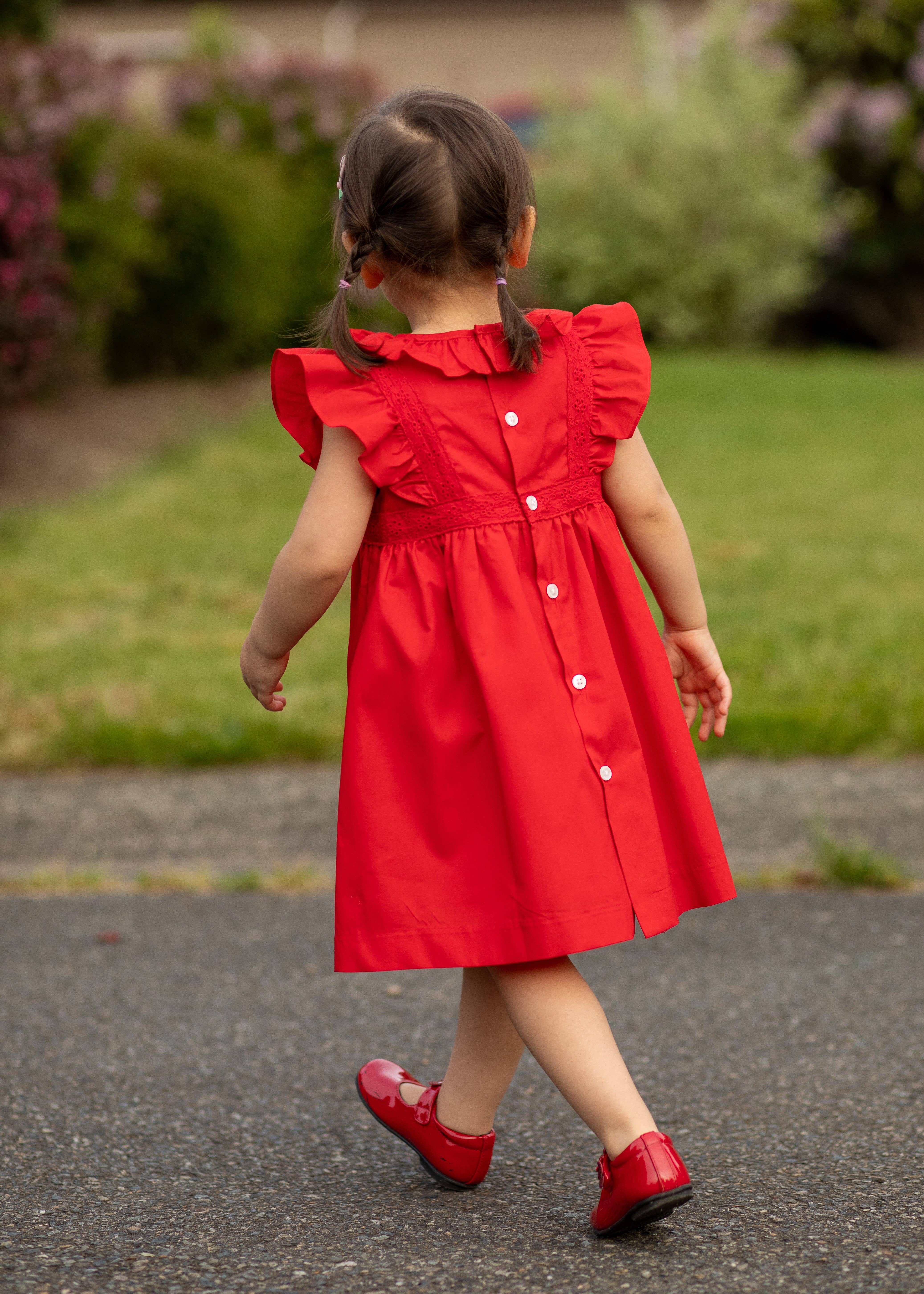 PHLONA - Wholesale Dress - Kids - Red Voile Lace Trim Dress3