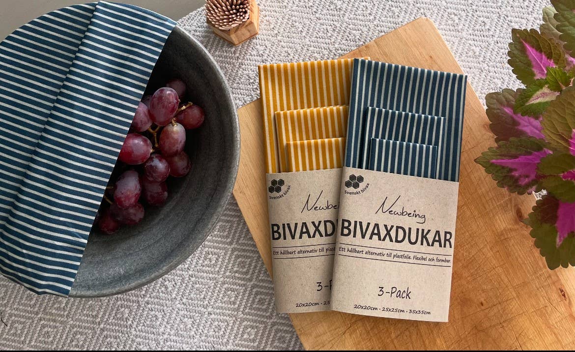 Newbeing - Wholesale Food Storage Wrap/Bag - Beeswax Wraps in 3-Pack Blue Stripe3