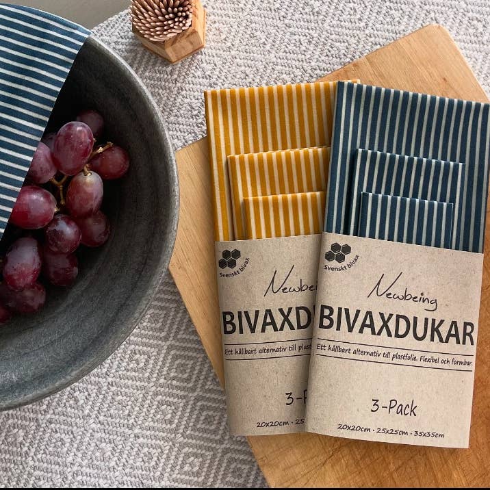 Newbeing – wholesale Livsmedelsförvaring omslag/väska – Bivaxdukar i 3-pack Blå Rand3