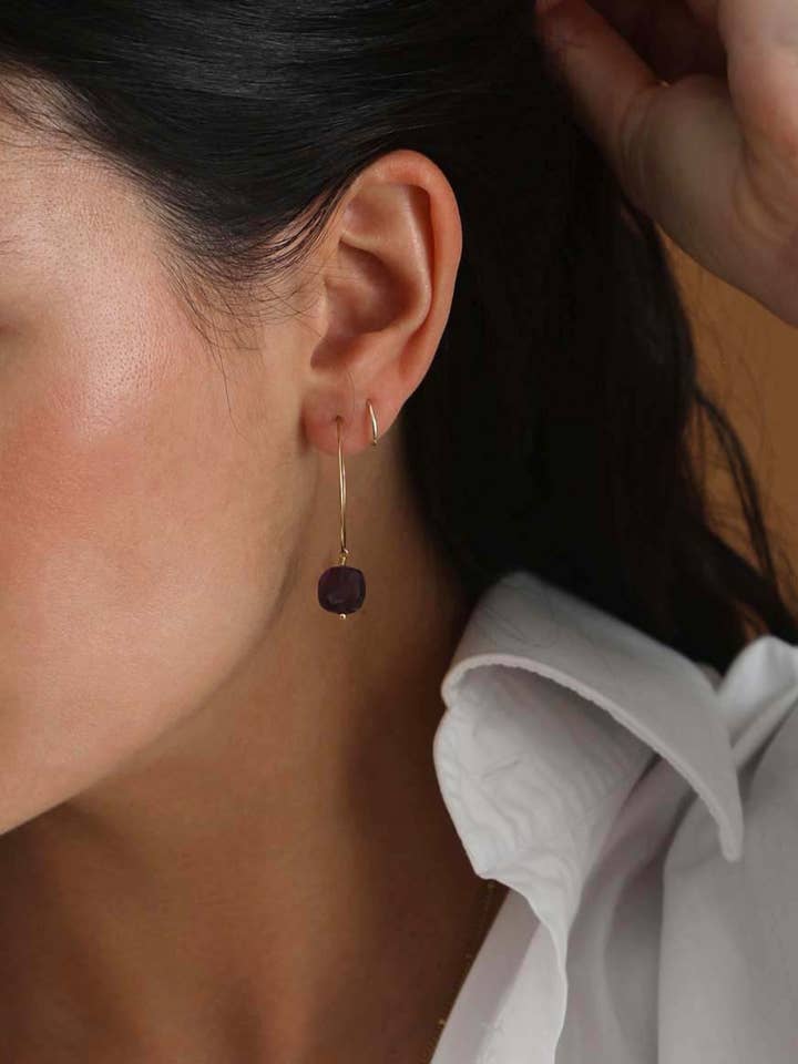 Ida Prune Gold Fine Creoles with Stone Pendant | Made in France for wholesale by Caprice Paris