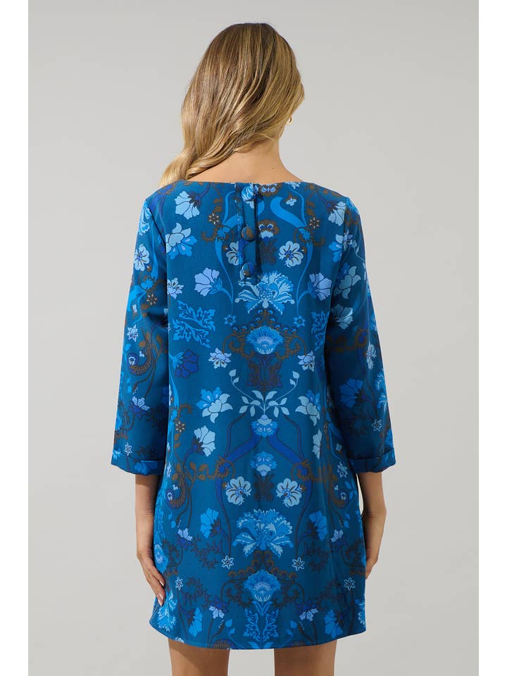 Teal Blue Palmate Floral Lonna Shift Mini Dress for wholesale on Faire1
