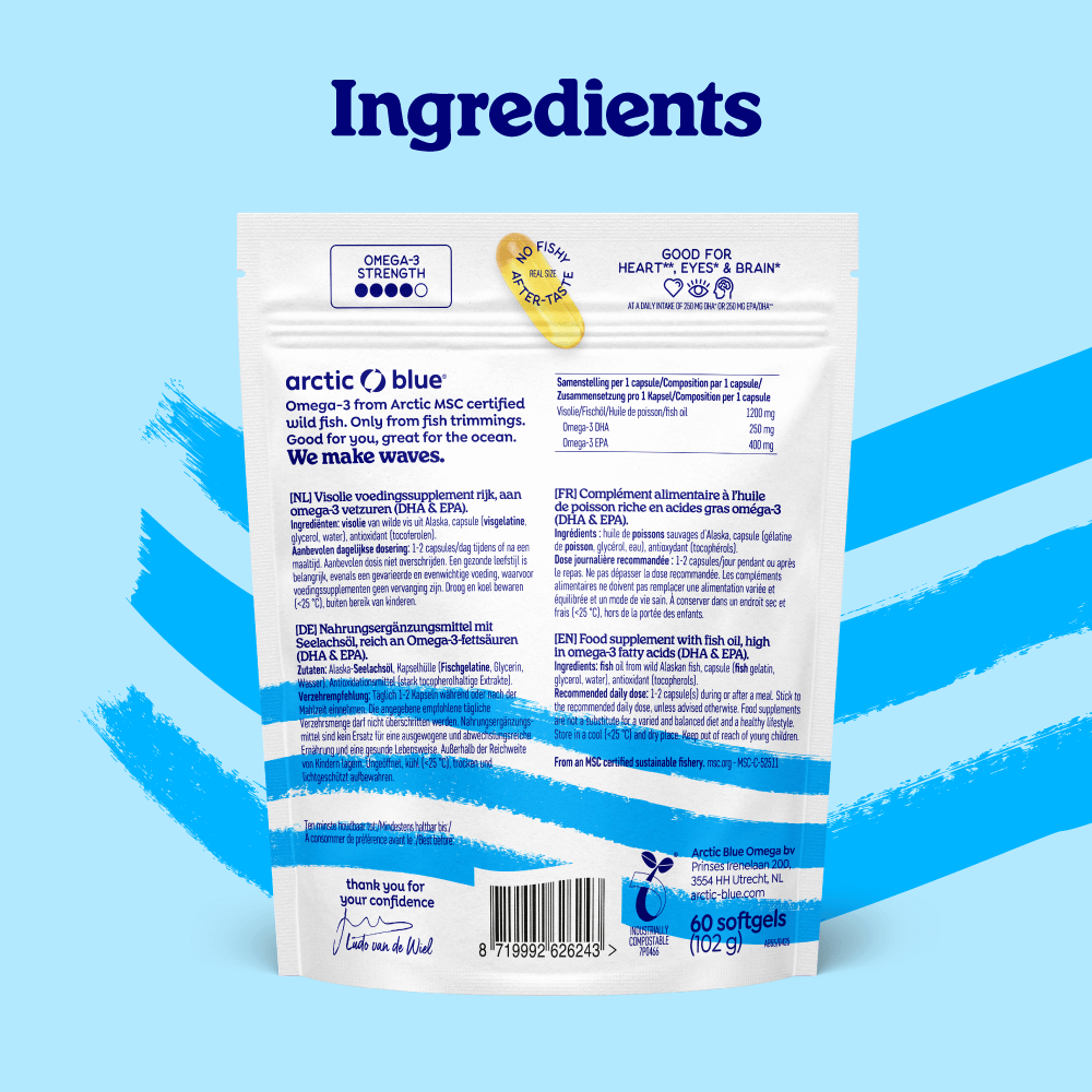 Arctic Blue - Venta al por mayor Suplementos/vitaminas para beber - Aceite de pescado con DHA y EPA - MSC (60 cápsulas grandes)1