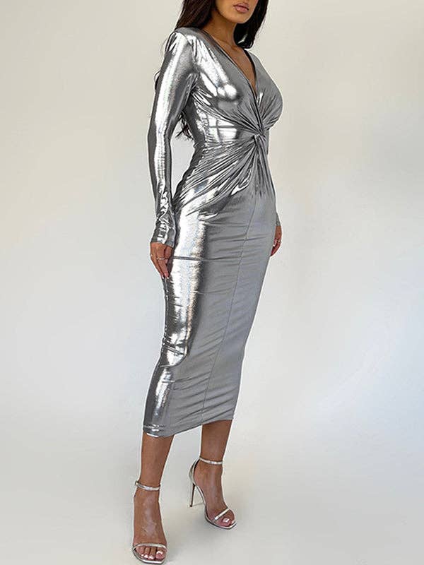 VividLux - Wholesale Dress - Women's - Bodycon High Waisted Knot Shiny Solid Color Deep V-Neck Midi Dresses6