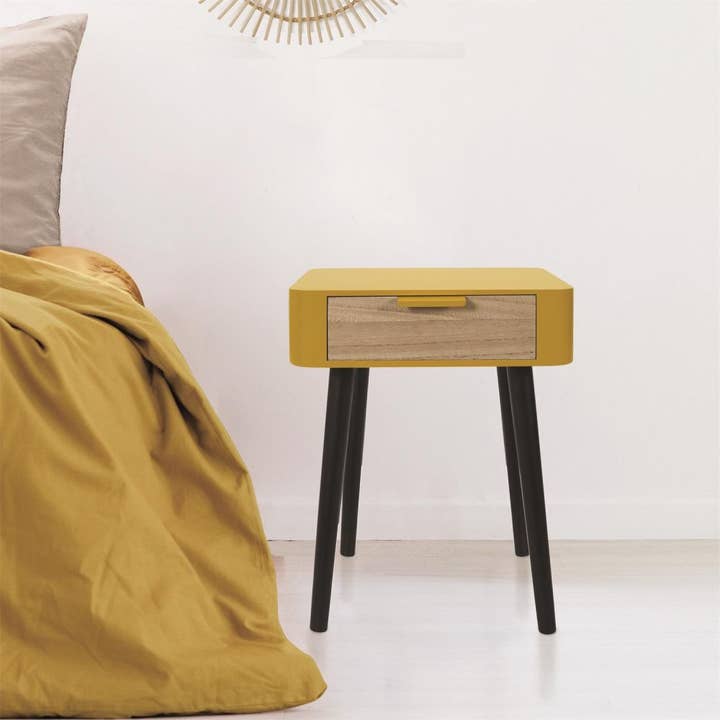 Housse De Rêve - Wholesale Bedroom Furniture - Mustard yellow wooden bedside table with 1 drawer1