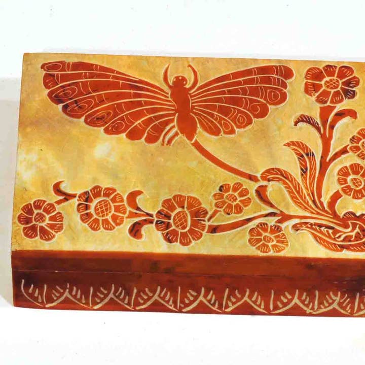 Hand-Carved Dragonfly Soapstone Box – Hinged Lid for wholesale by R. Expo/Song of India