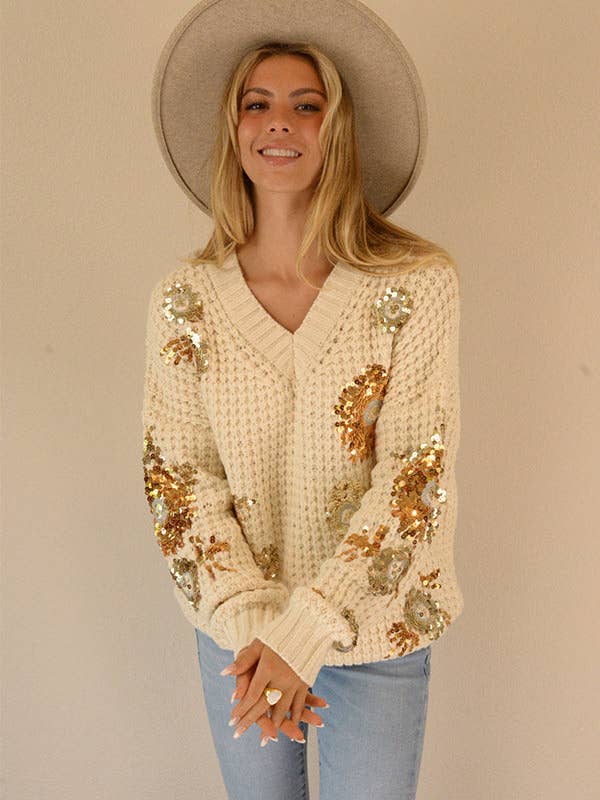 Ambiente - Wholesale Knit Sweater - Women's - V-NECK TEXTURED SWEATER WITH SEQUIN APPLIQUES - W2309JO279187