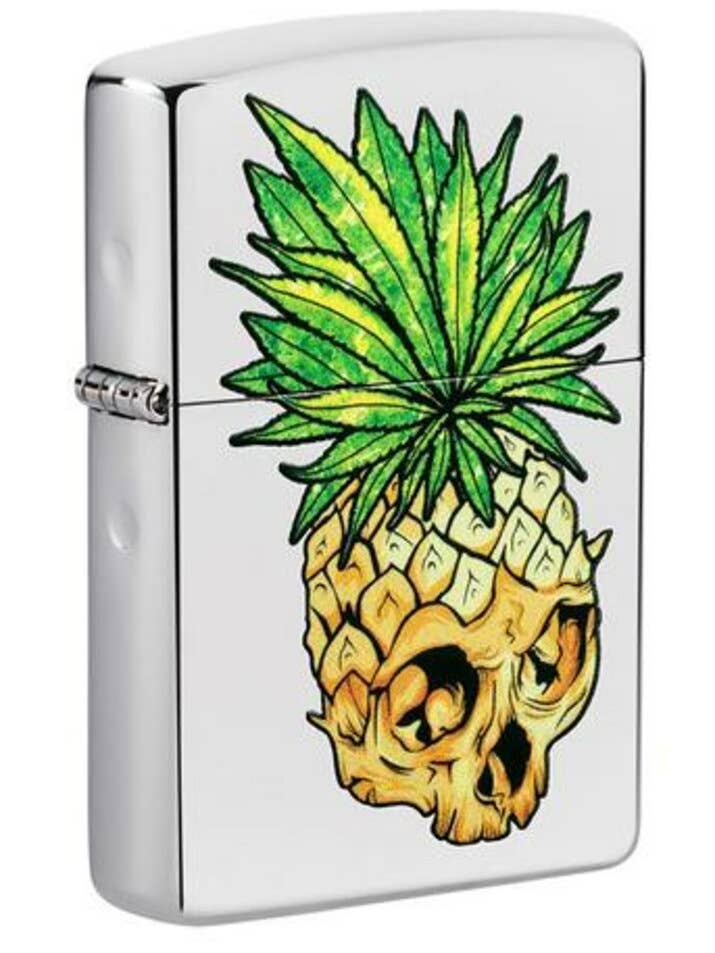 Zippo Pineapple Skull Cannabis Design, High Polish Chrome Lighter #49241 for wholesale by Benhalex