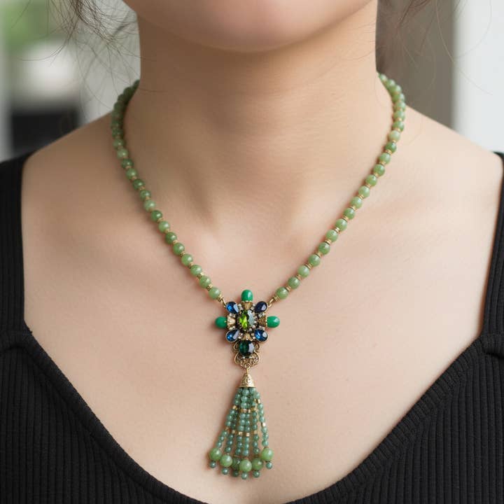 Vintage Handwoven Natural Green Agate & Crystal Necklace for wholesale by GirlyPirateCo