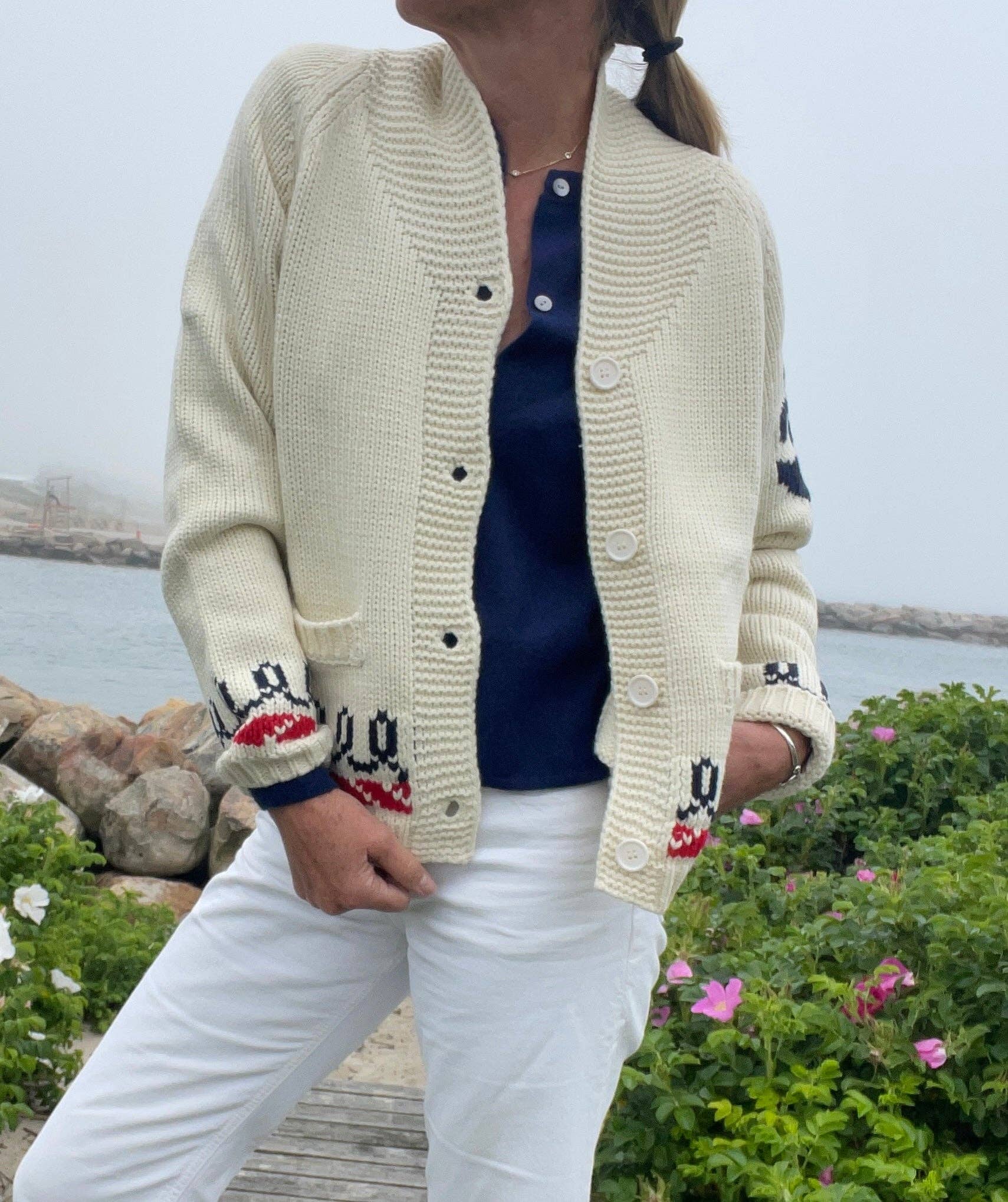 Pink Pineapple - Wholesale Knit Sweater - Women's - Lobster Varsity Cardigan with Vintage Trim in Ivory/Red1