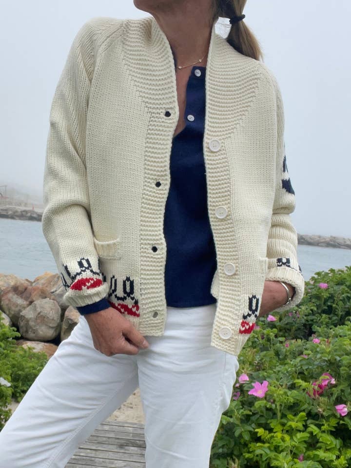 Pink Pineapple - Wholesale Knit Sweater - Women's - Lobster Varsity Cardigan with Vintage Trim in Ivory/Red1