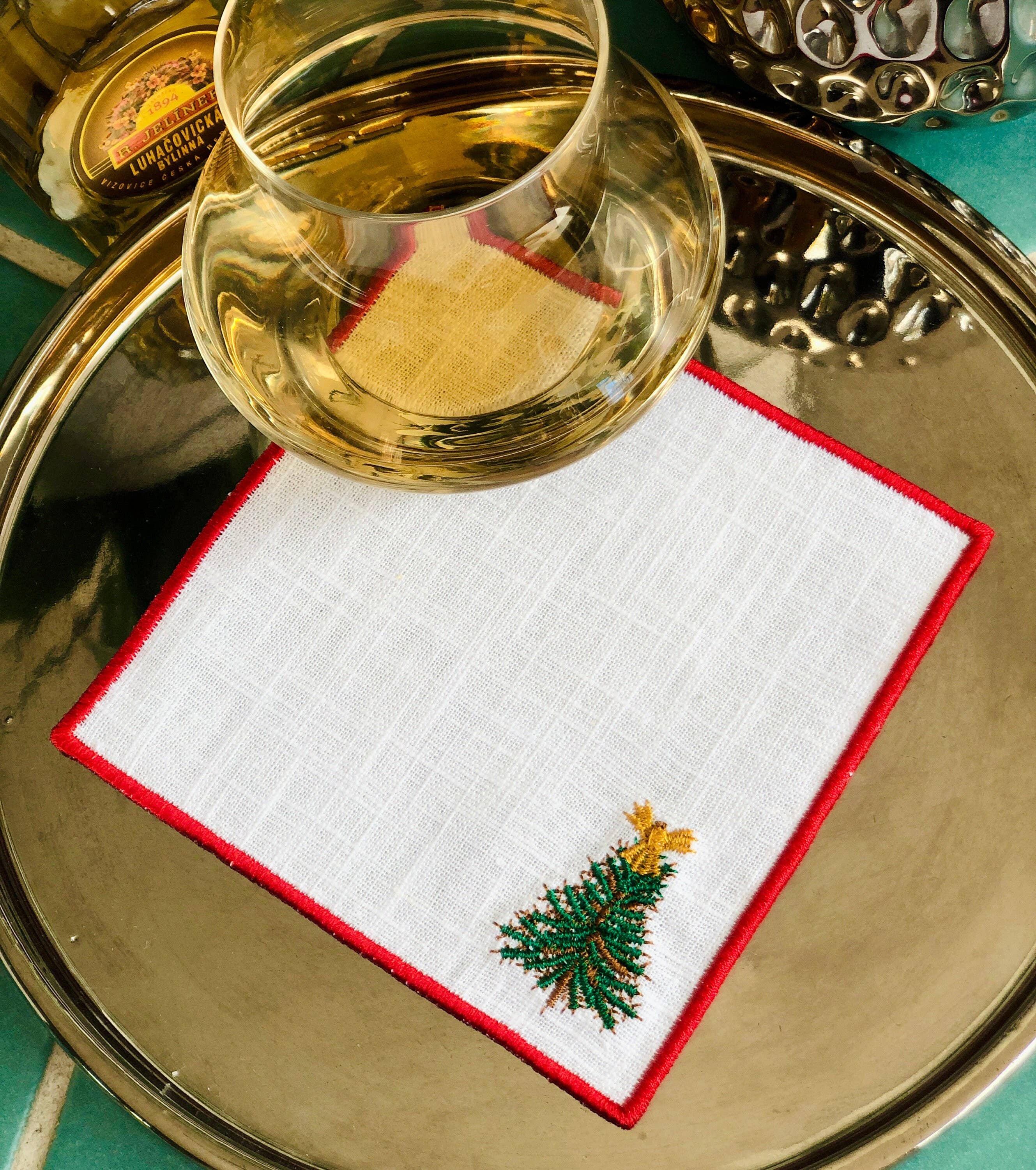 Belle Linen - Wholesale Dinner & Cloth Napkin - Set of 4 Christmas Tree Embroidered Cocktail Napkins7
