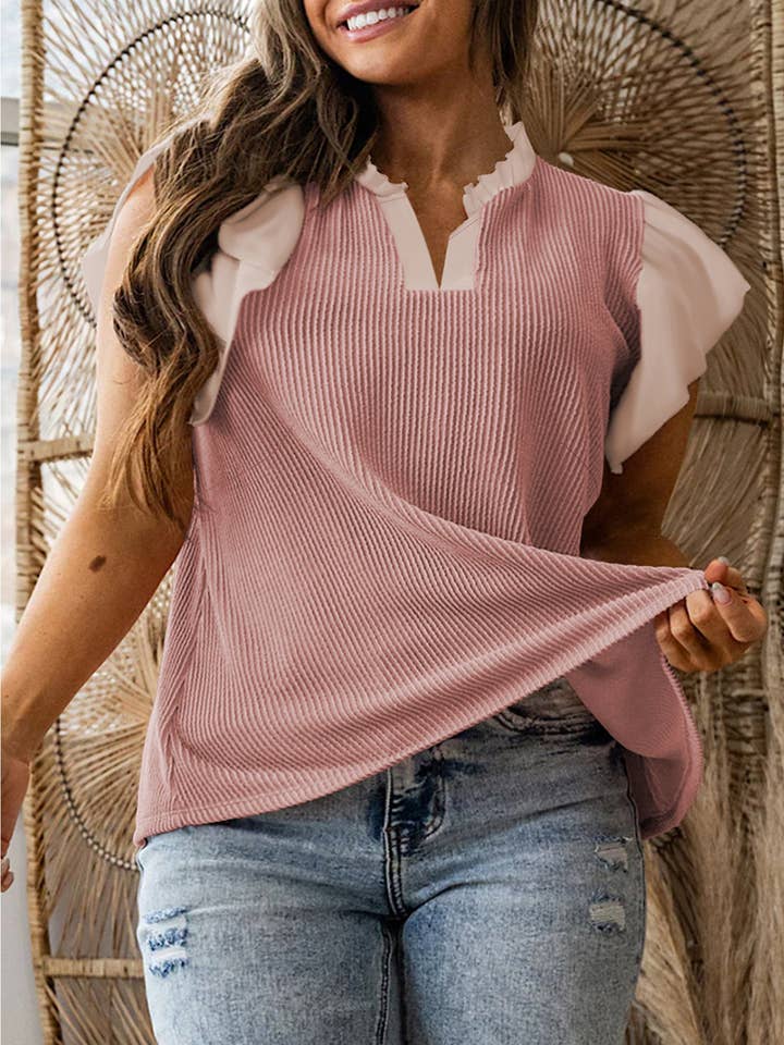 Fushia Plus Size Contrast Frilled Neckline Ruffled Short Sleeve Ribbed Textured Blouse for wholesale by Lovesoft