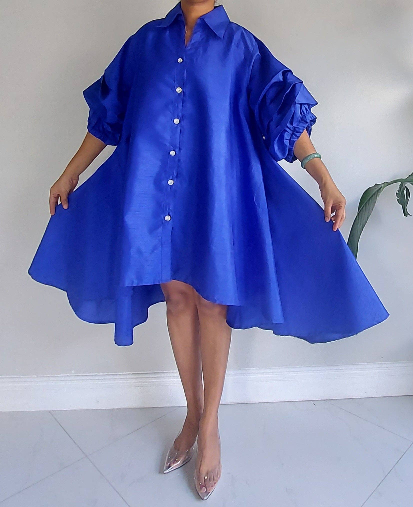 India Batik - Wholesale Dress - Women's - Swing Dress/ Faux Silk / Ruffle Sleeve - Royal2