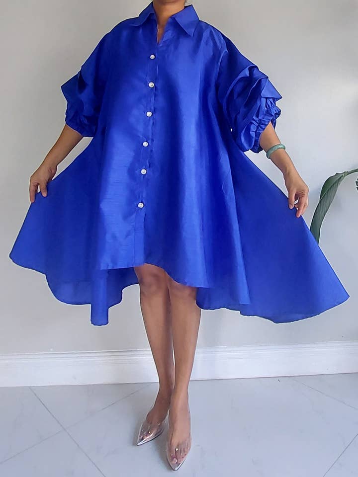 India Batik – Engroshandel Kjole - Dame – Swingkjole i kunstsilke med flæseærmer - Royal blå2