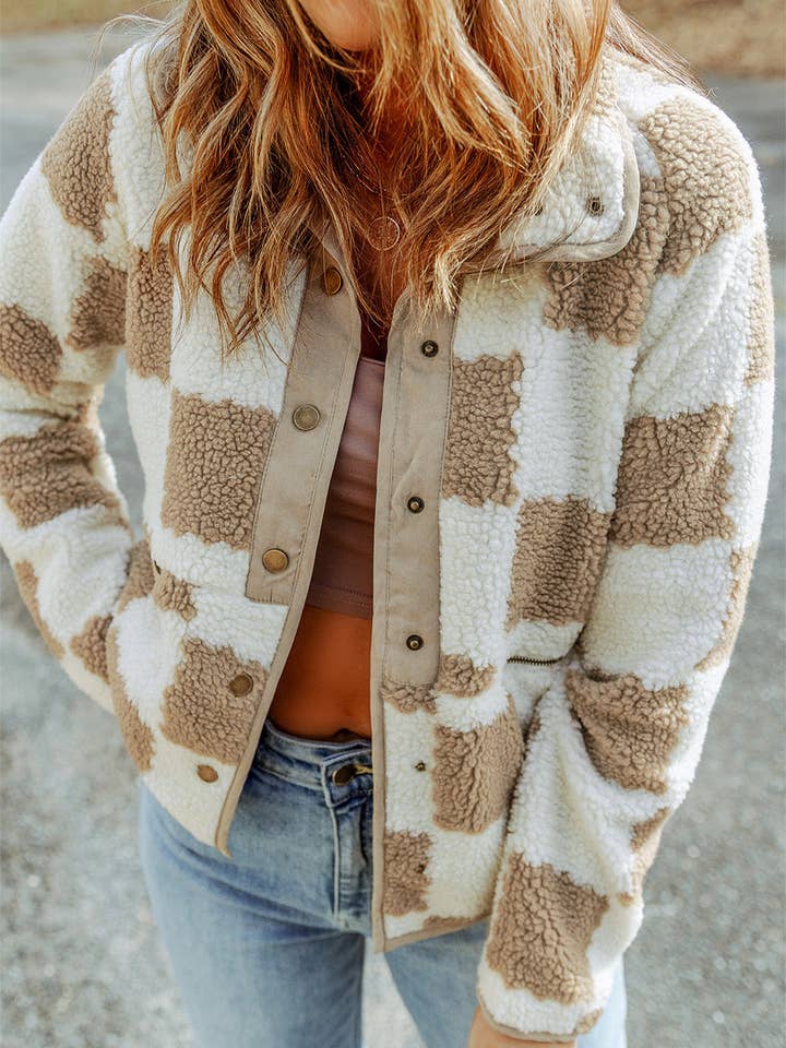 Brown Checked Snap Button Sherpa Jacket for wholesale on Faire5