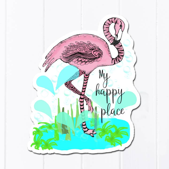 My Happy Place, adesivo Flamingo Beach, decalque rosa e azul-petróleo, por atacado de Katekreates