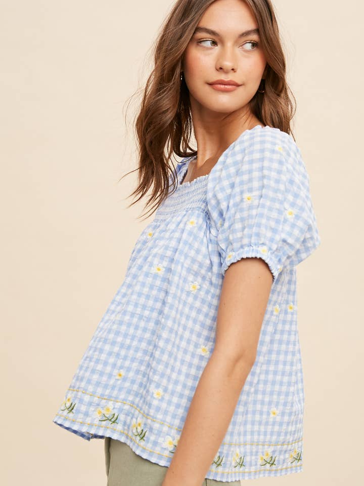 In Loom - Wholesale Blouse - Women's - FLORAL EMBROIDERY GINGHAM SMOCK BLOUSE0