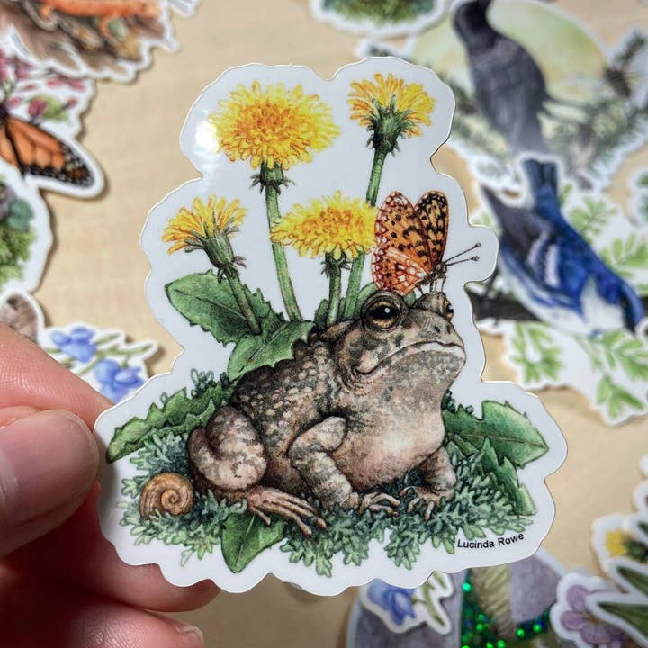 Sticker - Fowler's Toad With Dandelions And Butterfly for wholesale by Lucinda Rowe Art